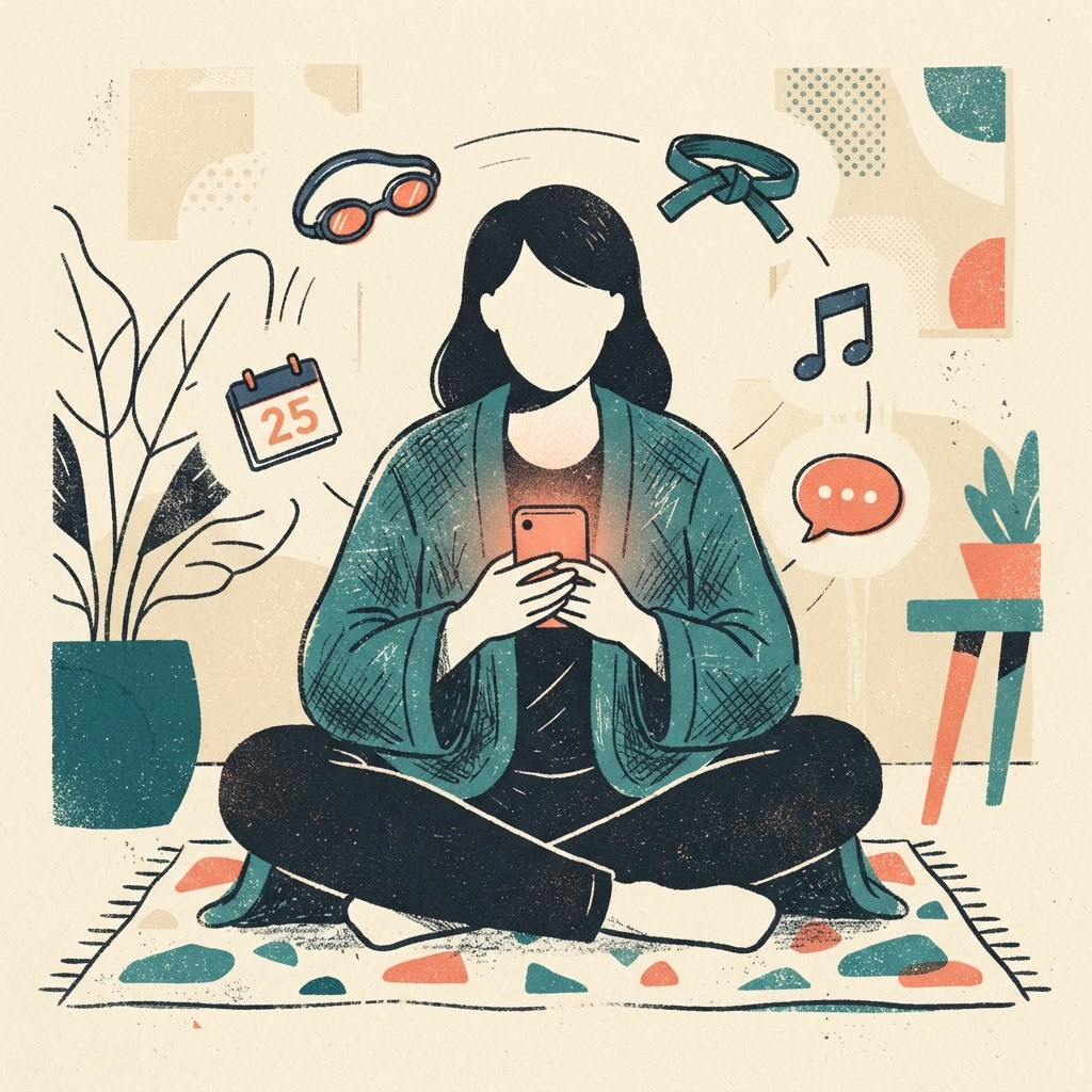 Illustration of a relaxed parent holding one phone with activity icons orbiting calmly
