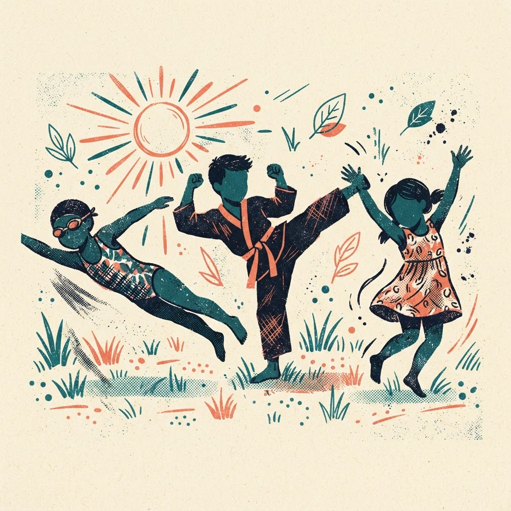 Illustration of three joyful kids swimming, doing taekwondo and dancing outdoors